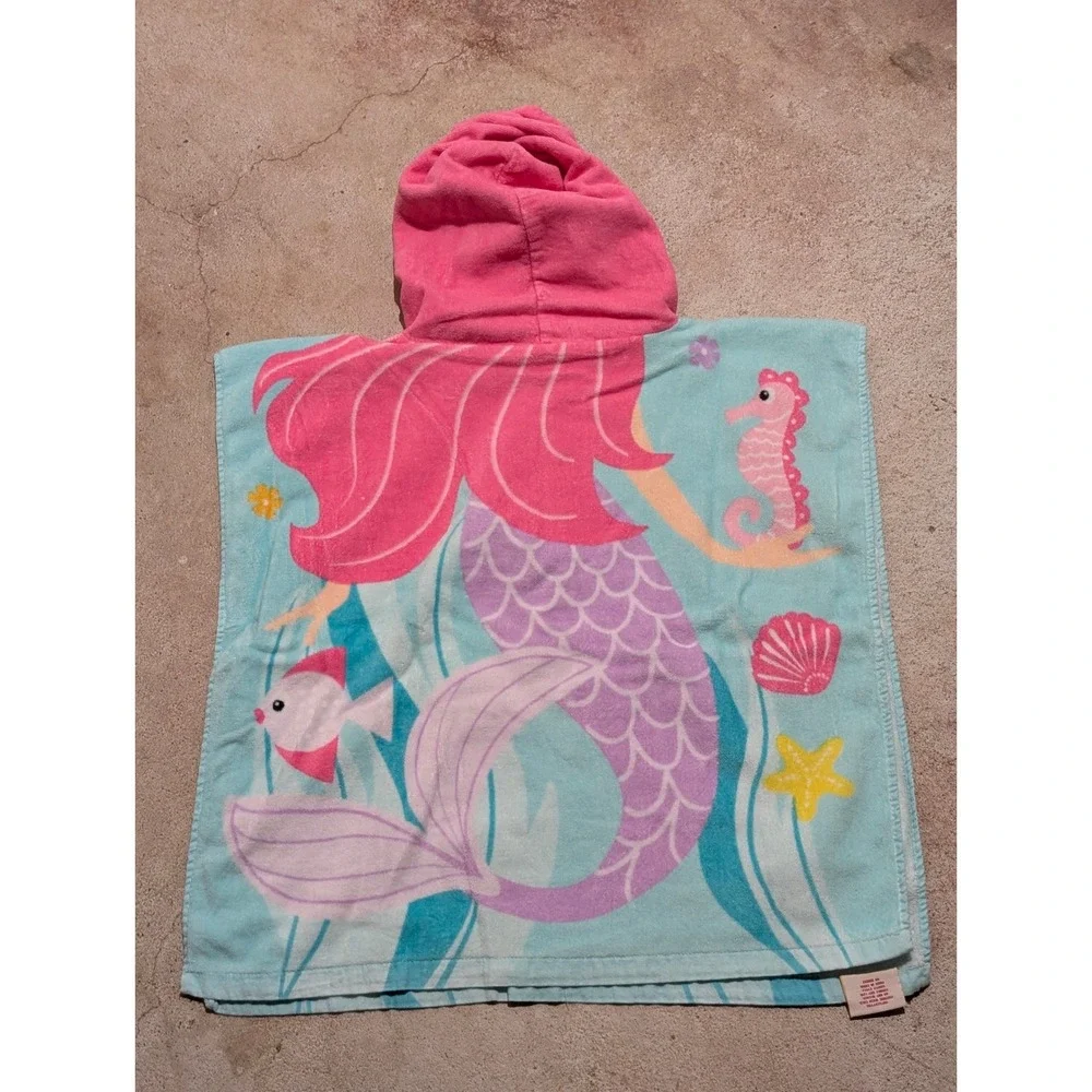 Kids Mermaid Hooded Poncho Bath Beach Towel Blue Pink Cotton Wrap 24